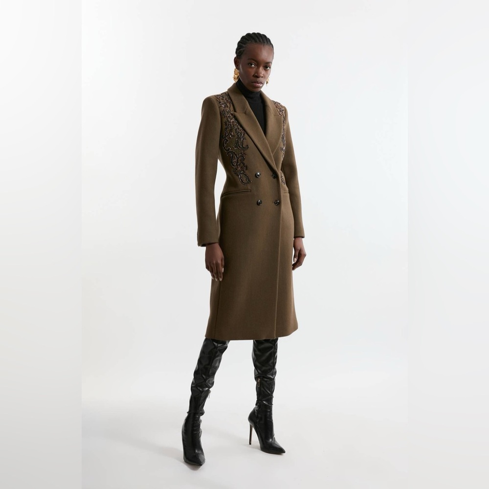 NWT Karen Millen Embroidered Embellished Double Breasted Midi Coat | Size US 8